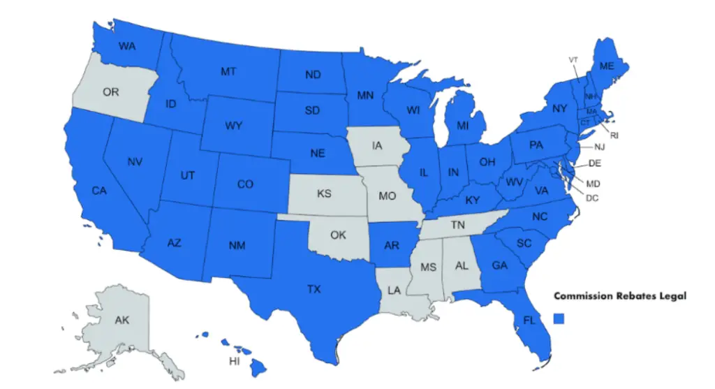 map showing where Commission rebates are legal in the US